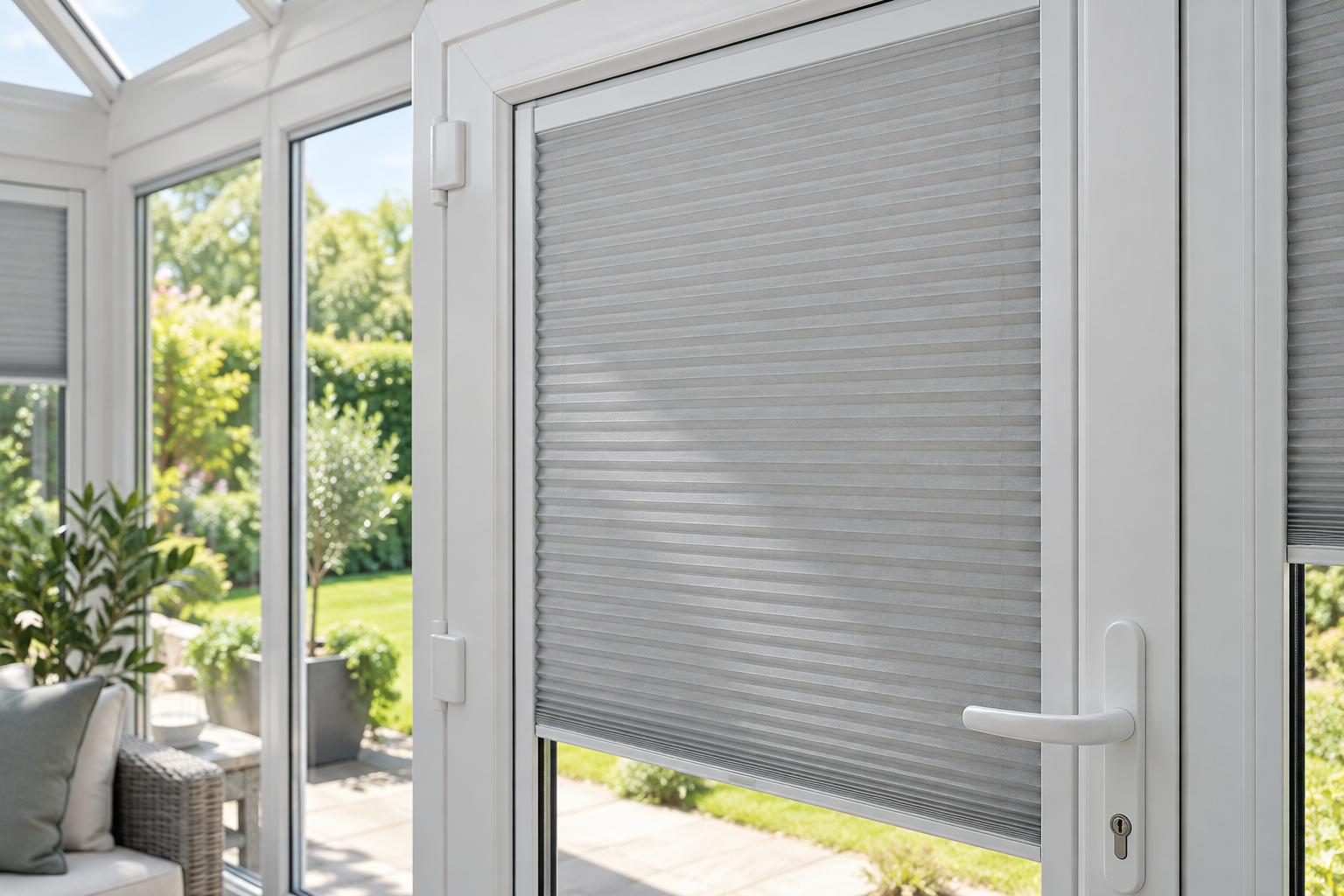 A fitted blind integrated inside a conservatory door frame