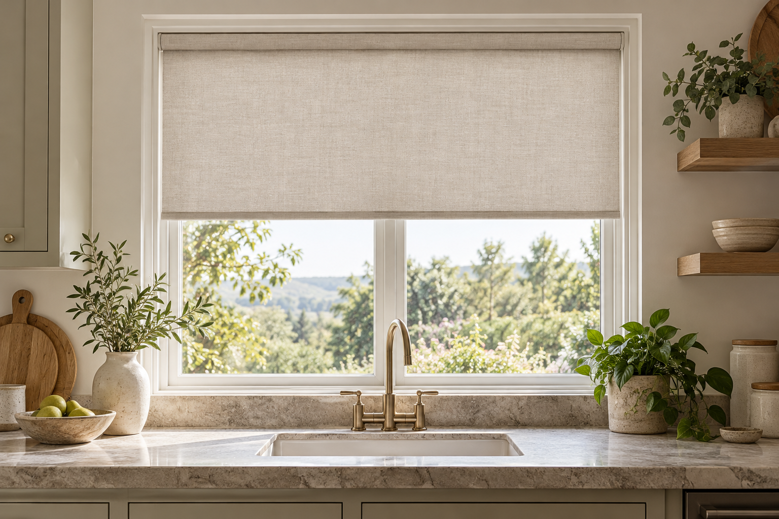 A pale linen roller blind in a contemporary kitchen