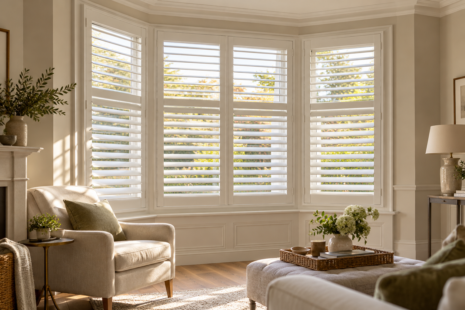 White Shutter Lites in a sunlit bay window