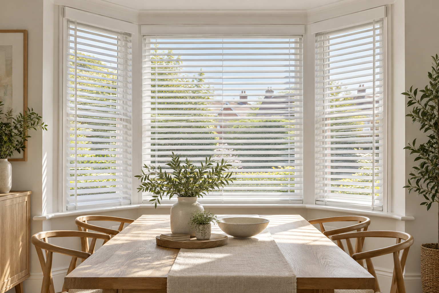 White Venetian blinds across a dining room bay window